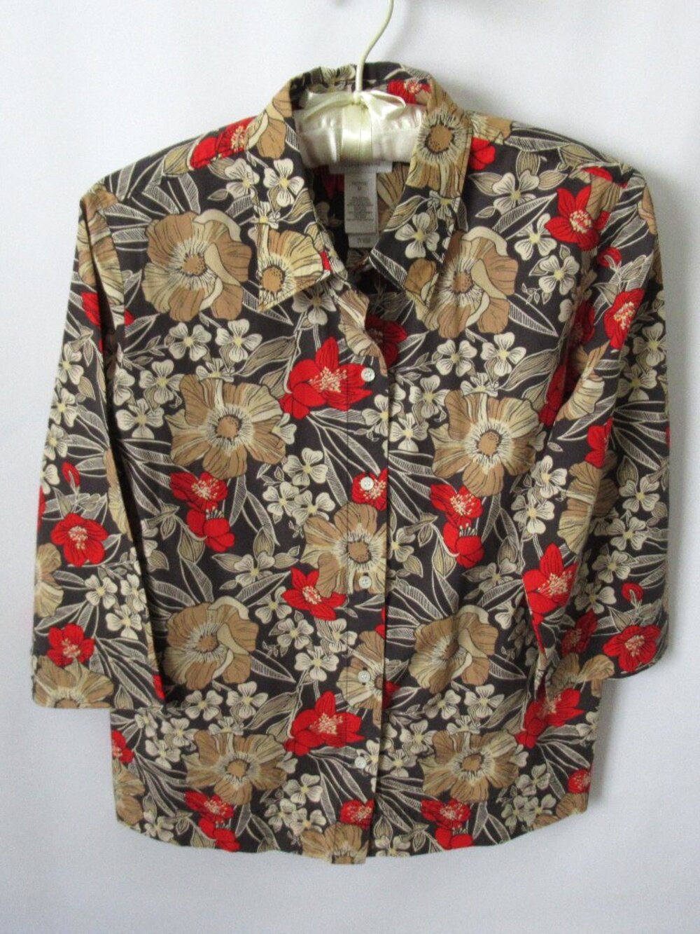 Liz Claiborne brown red floral button front 3/4 sleeve shirt *Sz PM*